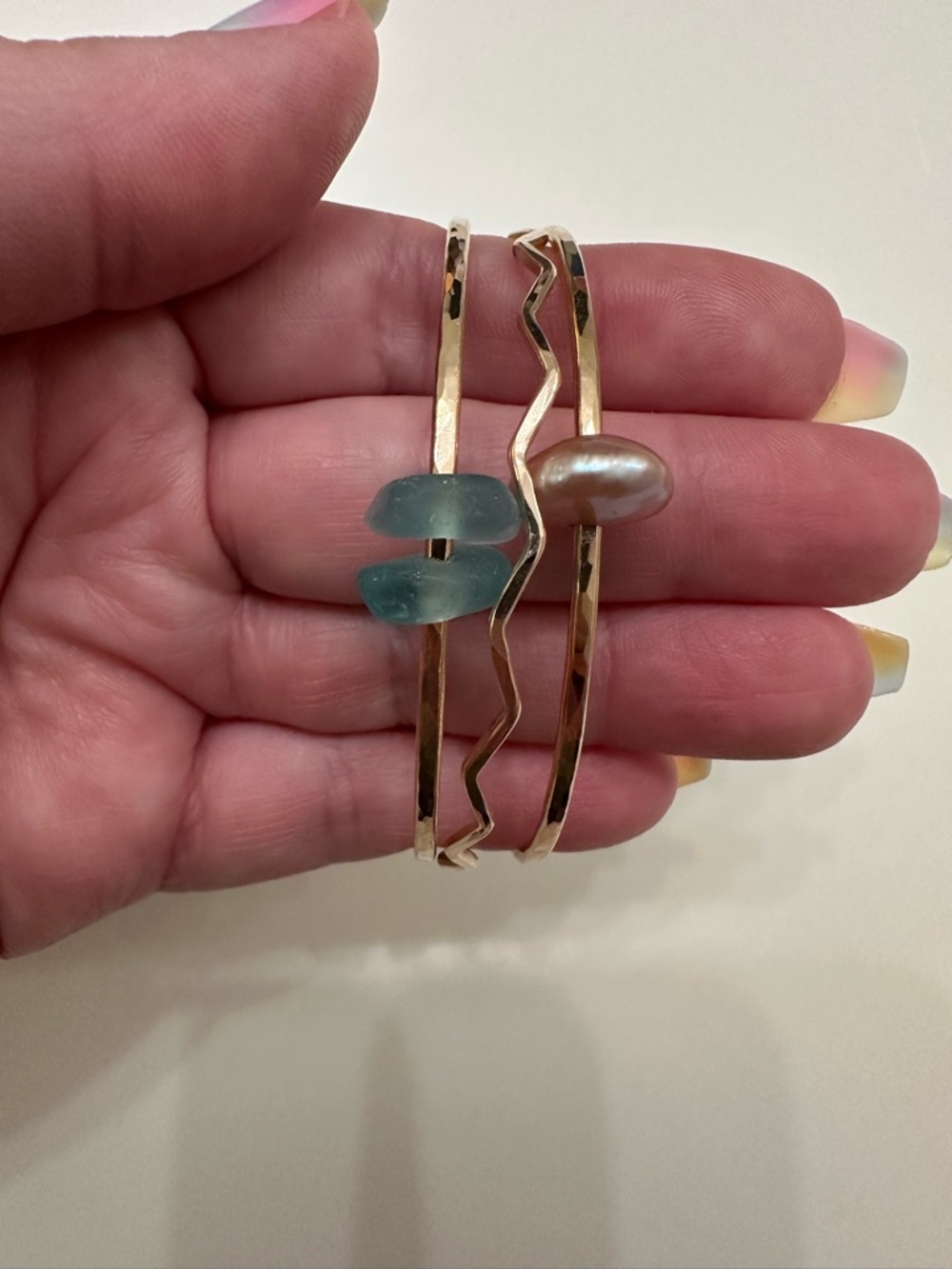 Set of 3 Gold-Filled Bangles Blue Seaglass Pink Pearl Hammered Hawaii 8.25”